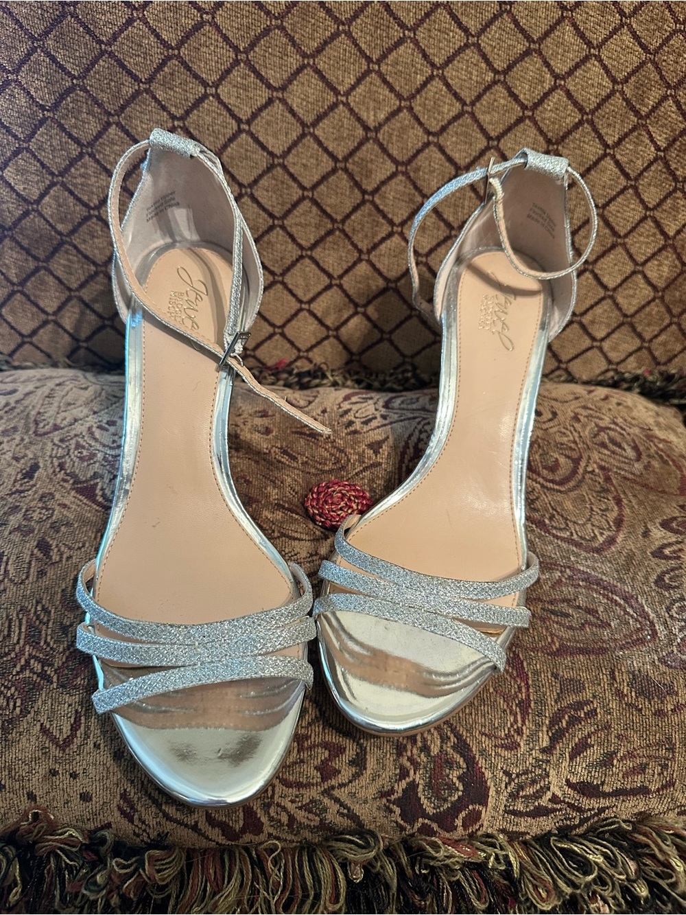 Jewel Badgley Mischka Silver Glitter Ankle-Strap Wedges